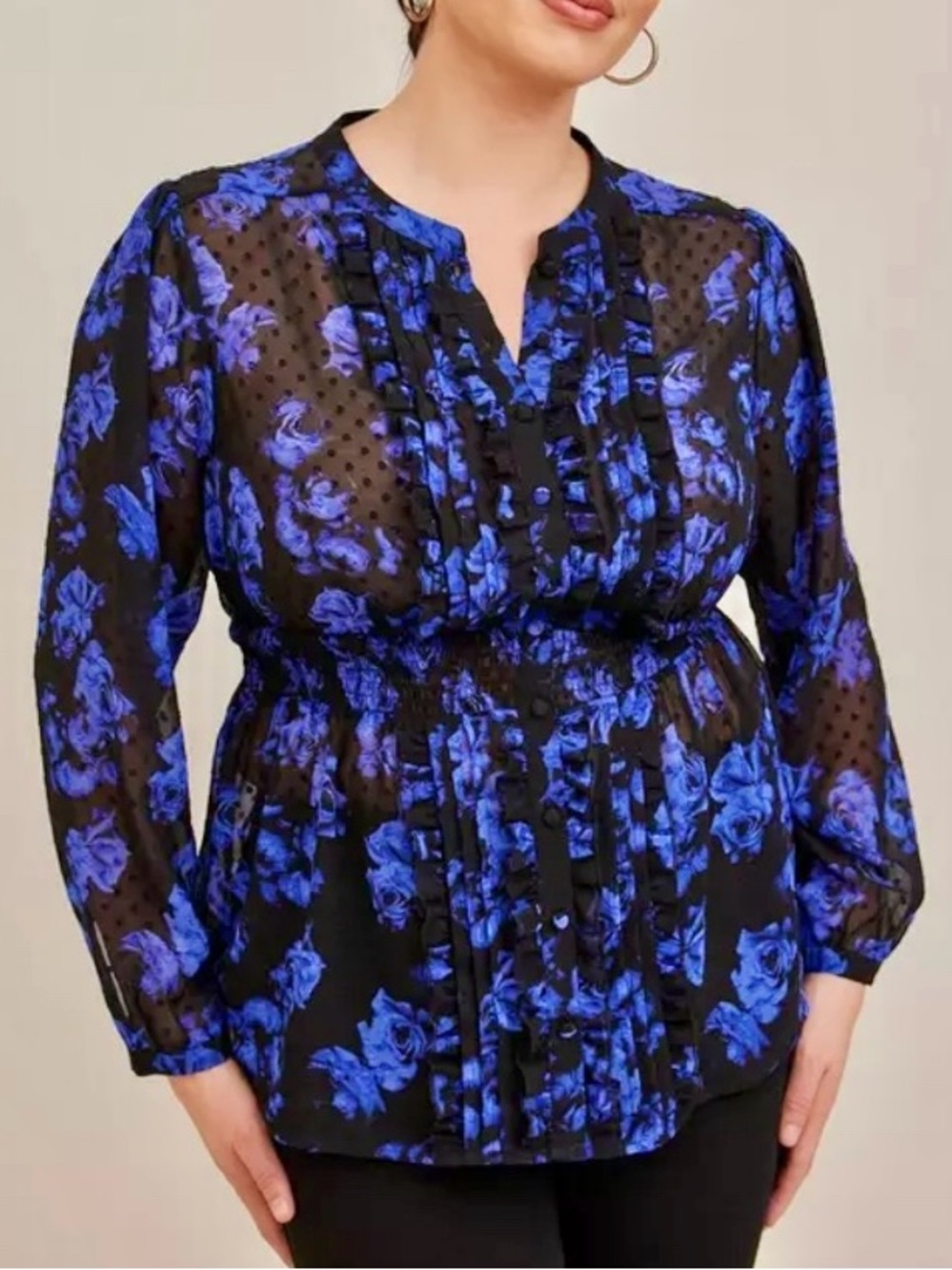 TORRID Floral Royal Blue Chiffon Clip Dot Ruffle Front Top